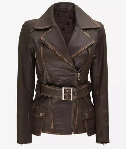 Women's Asymmetrical Distressed Brown Belted Leather Jacket