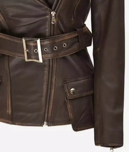 Women's Asymmetrical Distressed Brown Belted Leather Jacket