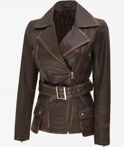 Women's Asymmetrical Distressed Brown Belted Leather Jacket