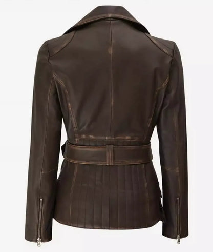 Women's Asymmetrical Distressed Brown Belted Leather Jacket