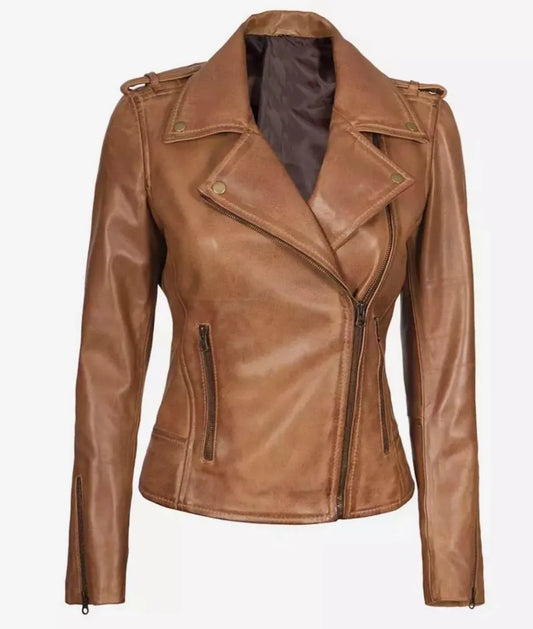 Women's Light Brown Asymmetrical Leather Biker Jacket