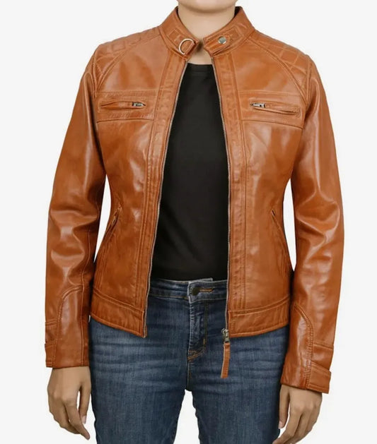 Women's Tan Cafe Racer Leather Jacket