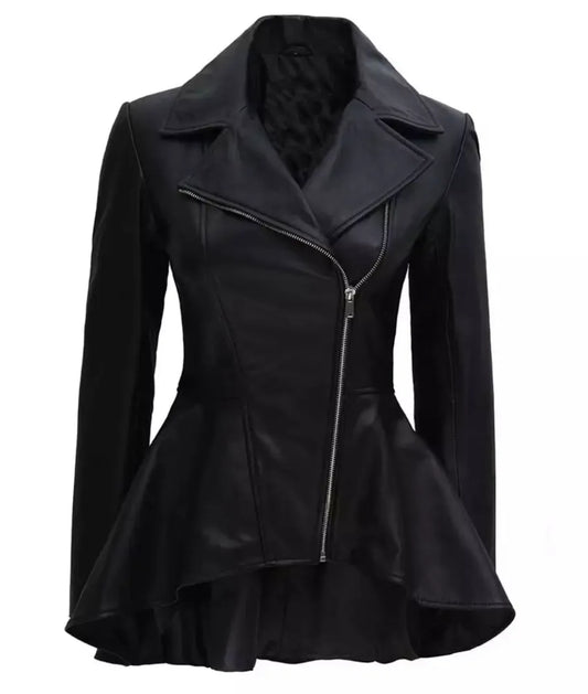 Women's Asymmetrical Black Leather Jacket - faux leather bomber jacket