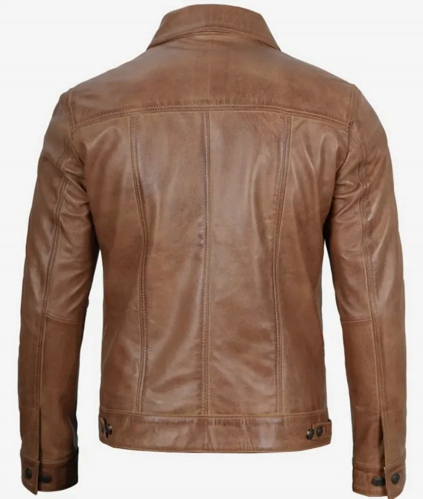 Men's Four Pockets Beige Leather Trucker Jacket - Brown Leather Jacket