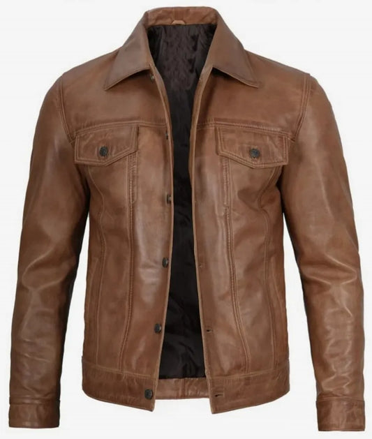 Men's Four Pockets Beige Leather Trucker Jacket - Brown Leather Jacket