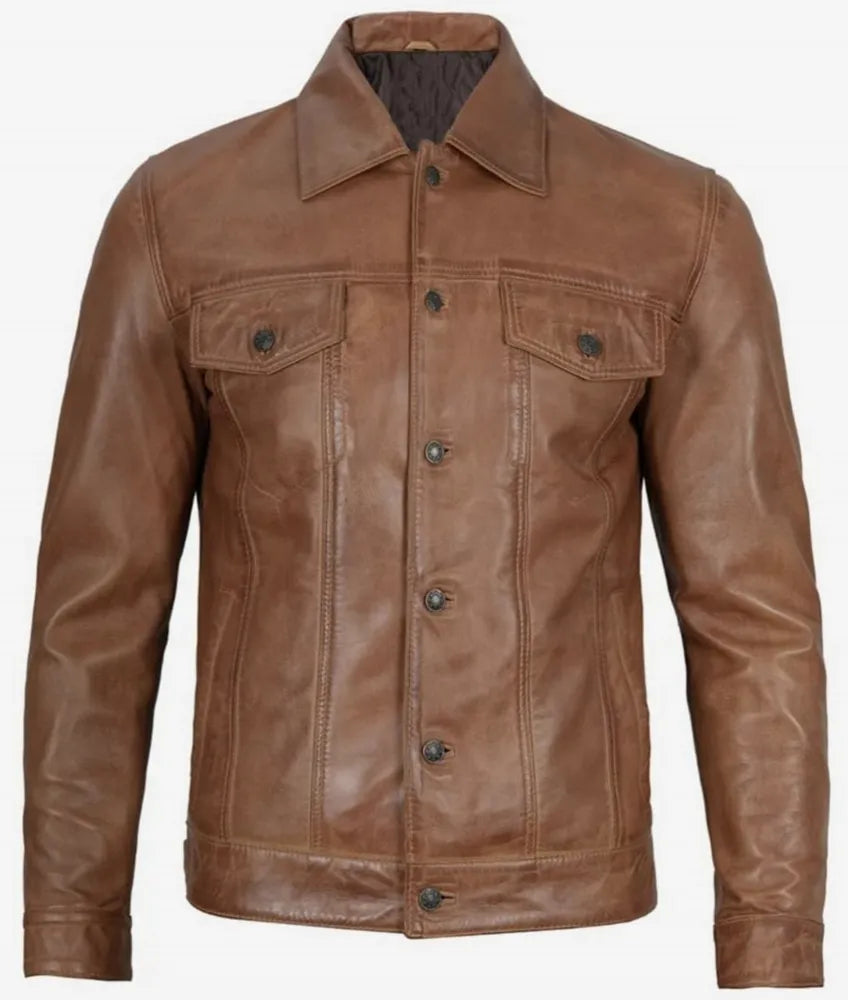 Men's Four Pockets Beige Leather Trucker Jacket - Brown Leather Jacket