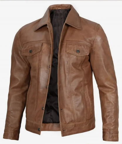 Men's Four Pockets Beige Leather Trucker Jacket - Brown Leather Jacket