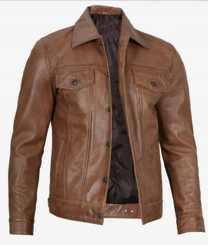 Men's Four Pockets Beige Leather Trucker Jacket - Brown Leather Jacket