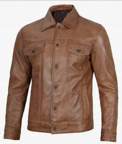 Men's Four Pockets Beige Leather Trucker Jacket - Brown Leather Jacket