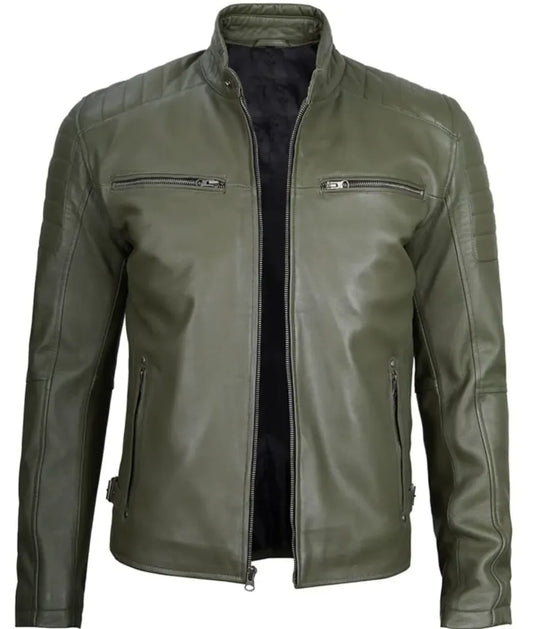 Men's Military Green Leather Jacket - Cafe Racer Leather Jacket