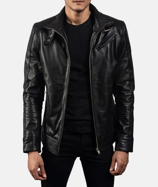 Black Asymmetrical men's leather motorcycle jacket