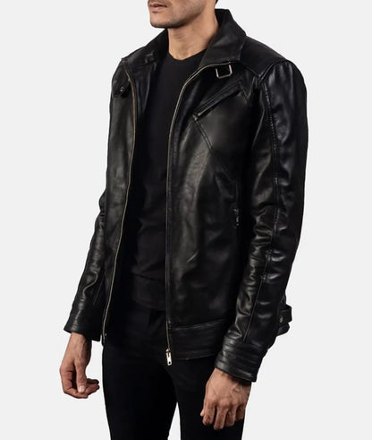 Black Asymmetrical men's leather motorcycle jacket