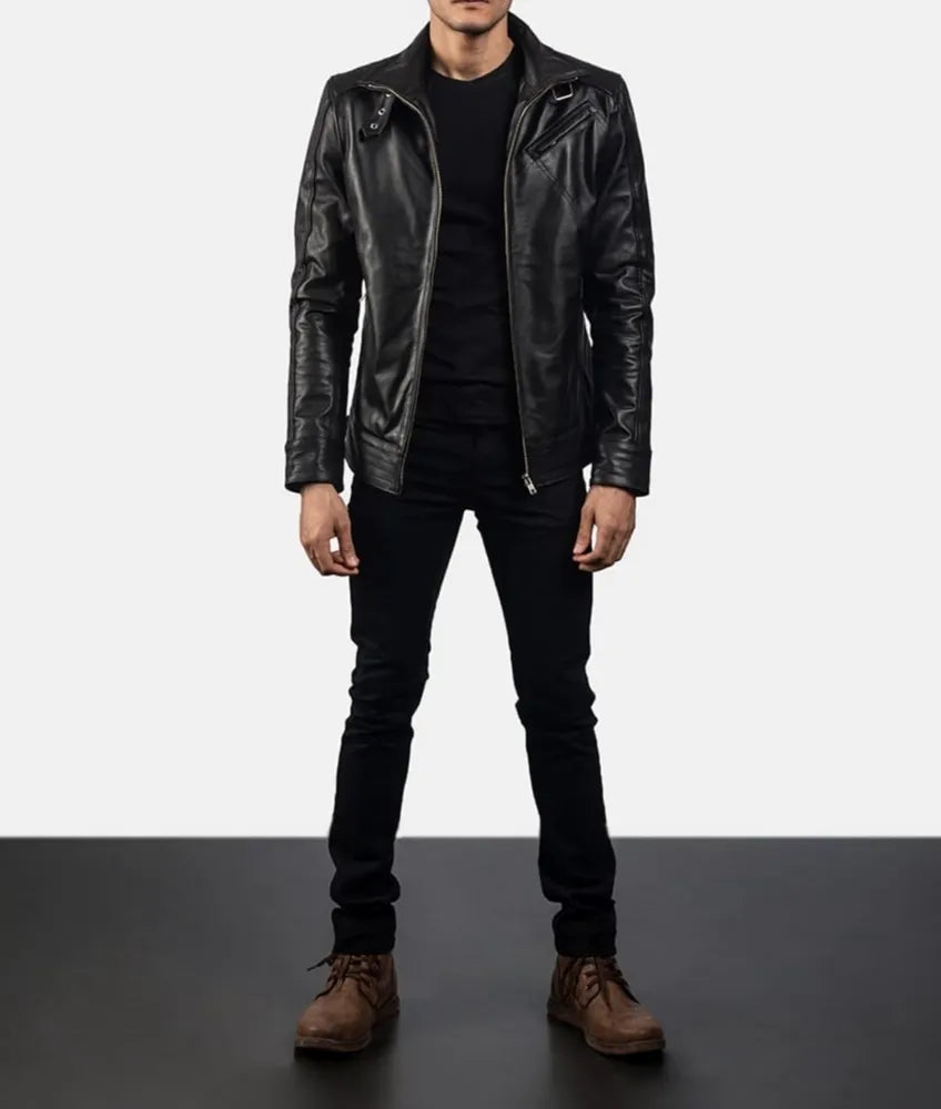 Black Asymmetrical men's leather motorcycle jacket