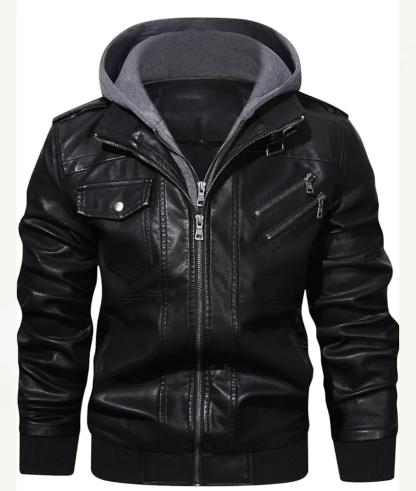 Stylish Gray and Black Leather Jacket for a Trendy Look - leather and hoodie jacket