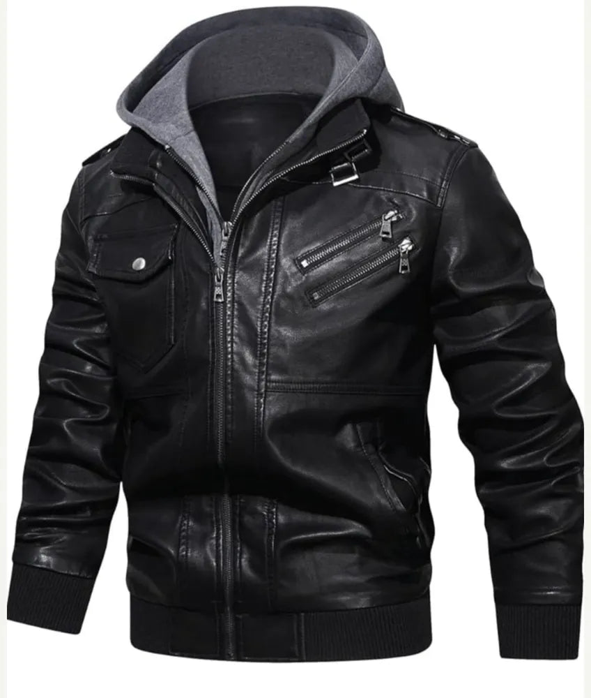 Stylish Gray and Black Leather Jacket for a Trendy Look - leather and hoodie jacket