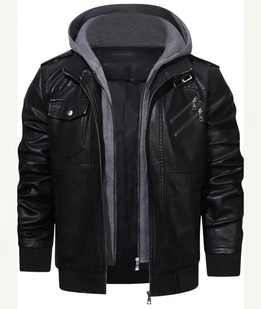 Stylish Gray and Black Leather Jacket for a Trendy Look - leather and hoodie jacket