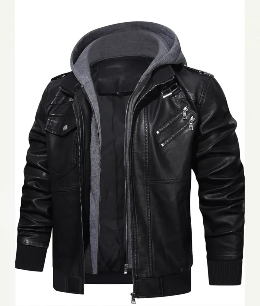 Stylish Gray and Black Leather Jacket for a Trendy Look - leather and hoodie jacket