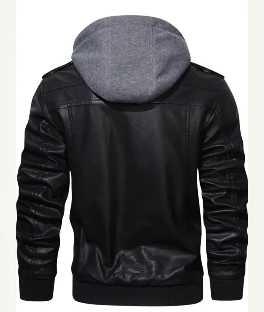 Stylish Gray and Black Leather Jacket for a Trendy Look - leather and hoodie jacket