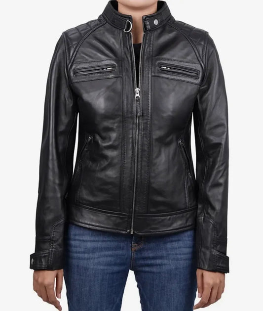 Women's Black Leather Moto Jacket - Classic Biker Style