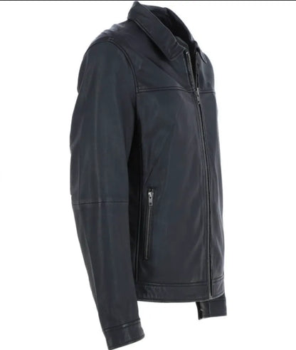 Men's Shirt Collar Vintage Leather Jacket - Black Leather Jacket