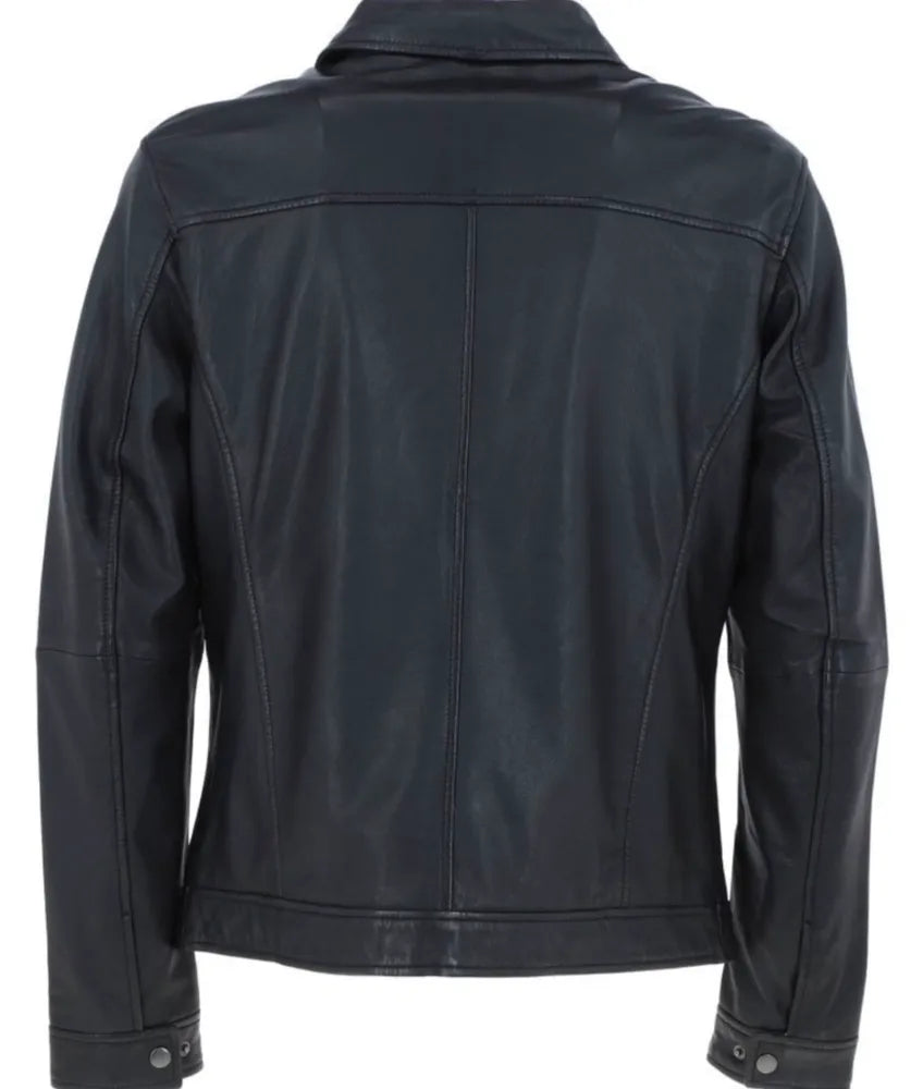 Men's Shirt Collar Vintage Leather Jacket - Black Leather Jacket