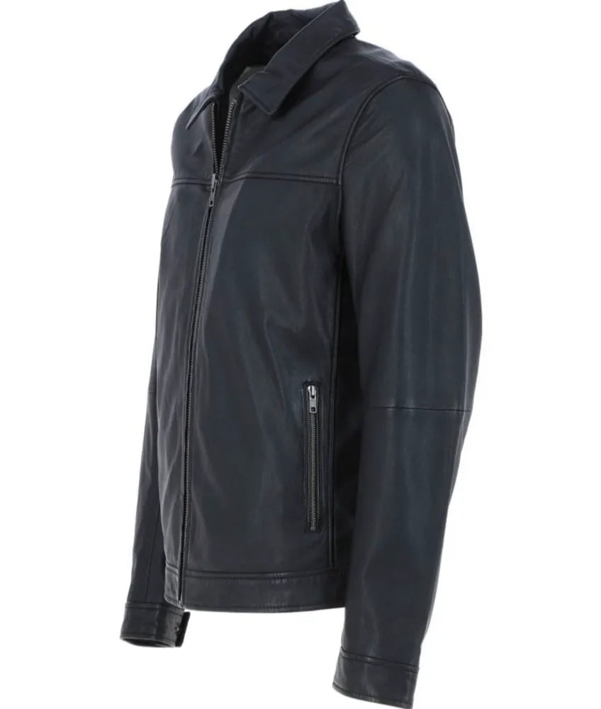 Men's Shirt Collar Vintage Leather Jacket - Black Leather Jacket