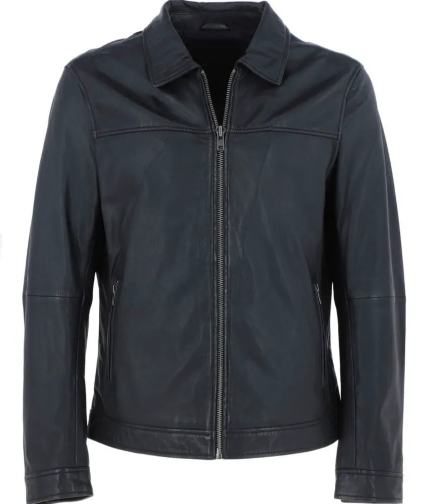 Men's Shirt Collar Vintage Leather Jacket - Black Leather Jacket