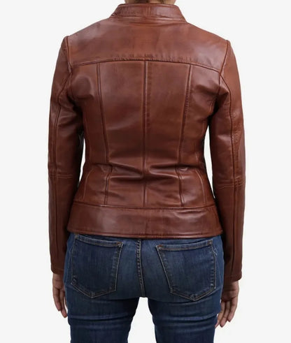 Women's Slim Fit Cognac Leather Biker Jacket