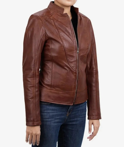 Women's Slim Fit Cognac Leather Biker Jacket