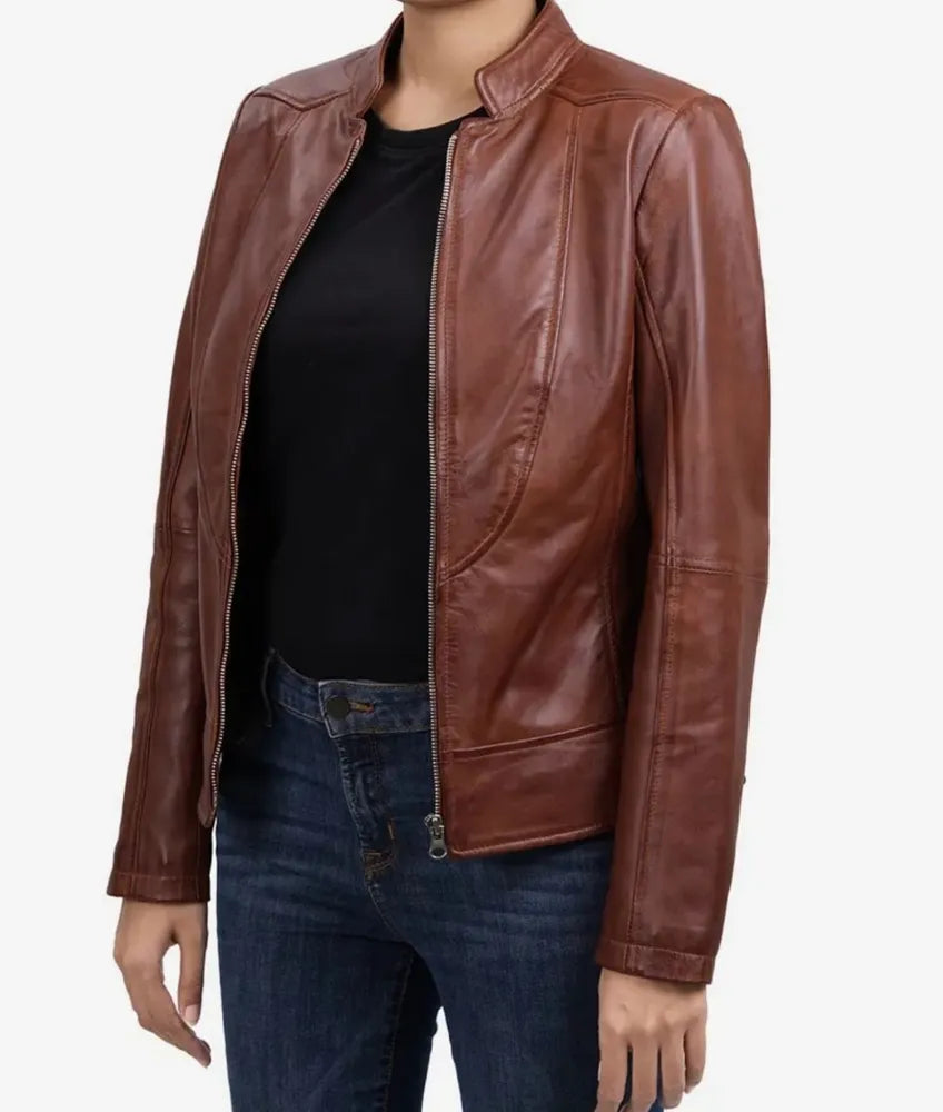 Women's Slim Fit Cognac Leather Biker Jacket