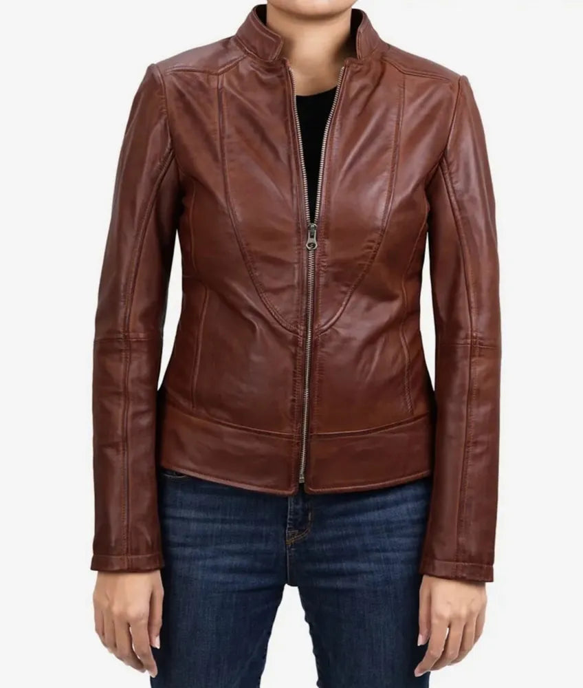 Women's Slim Fit Cognac Leather Biker Jacket