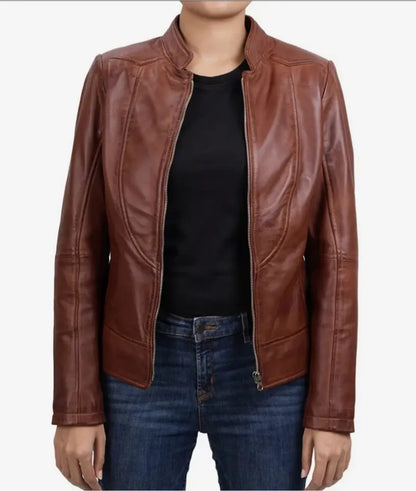 Women's Slim Fit Cognac Leather Biker Jacket