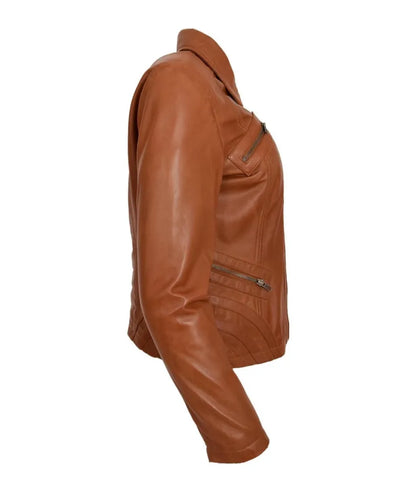 Women's Classic Leather Biker Zip Box Jacket Nova Tan