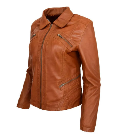 Women's Classic Leather Biker Zip Box Jacket Nova Tan