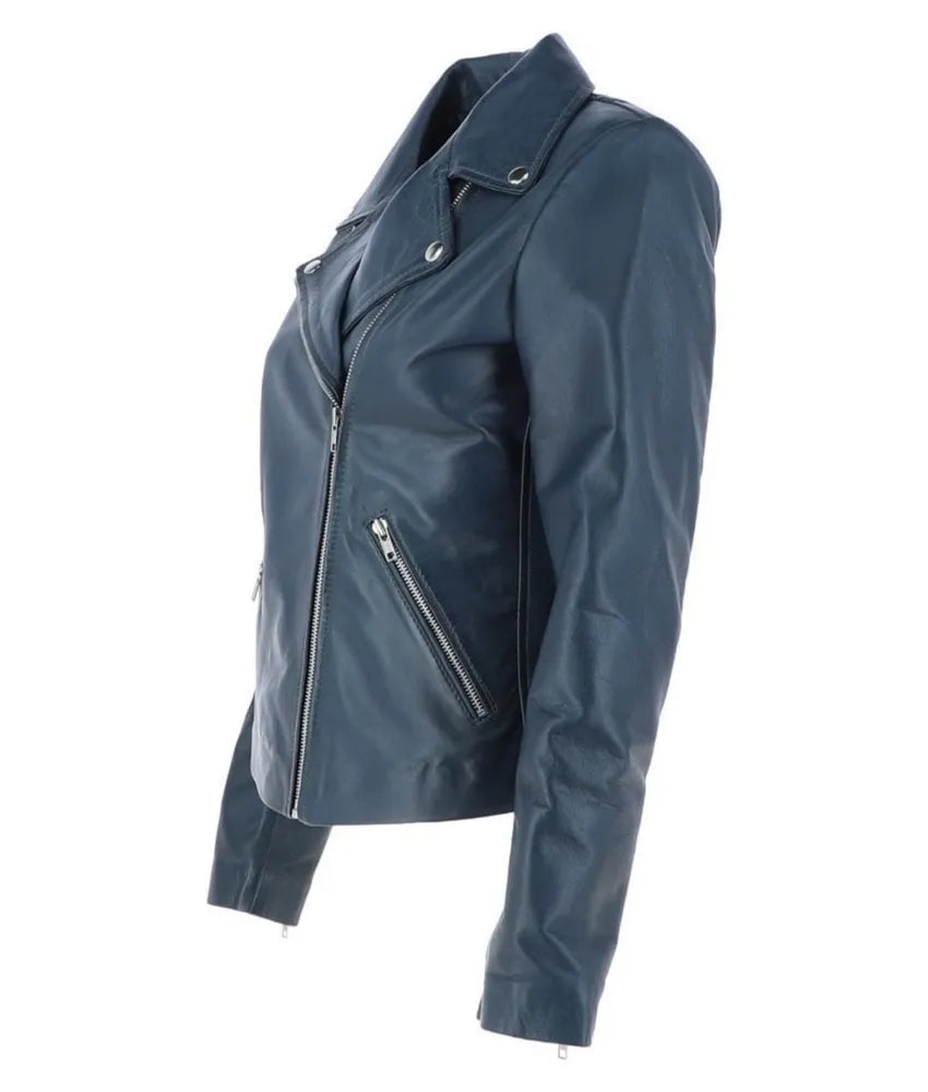 Ladies leather bike jackets - Navy blue leather jacket