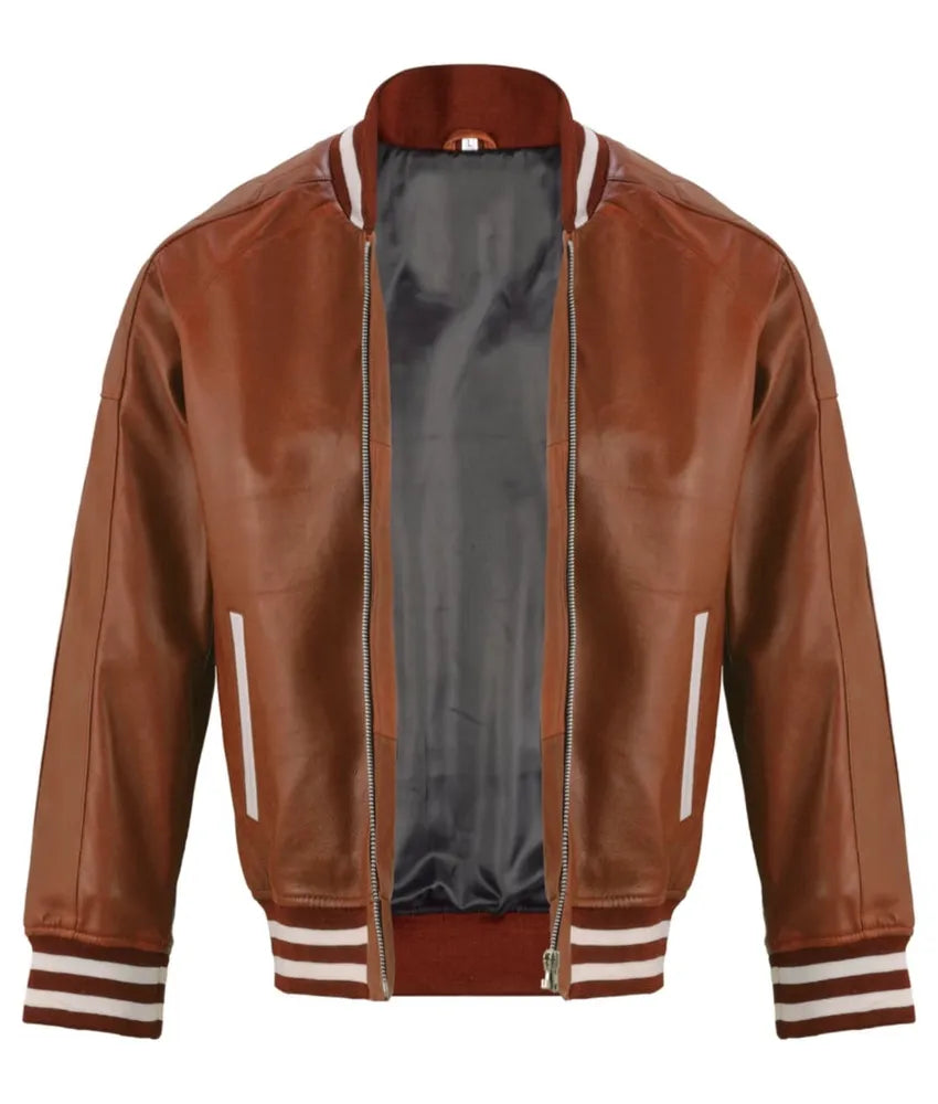 Brown leather bomber jacket - men's leather varsity jacket