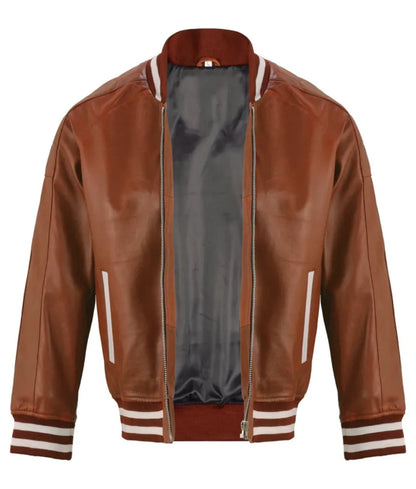 Brown leather bomber jacket - men's leather varsity jacket