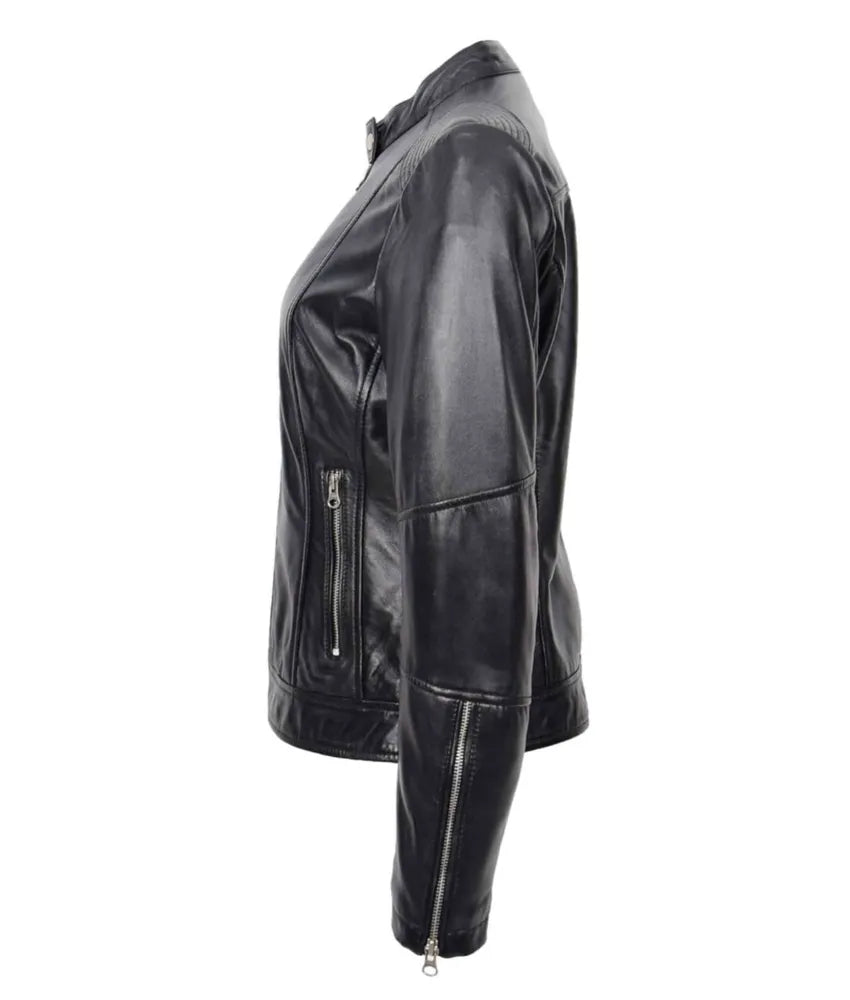 Women's Real Leather Biker Jacket Zip up Casual Connie Black