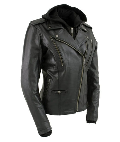 Women's Black Hooded and Vented Motorcycle Biker Leather Jacket