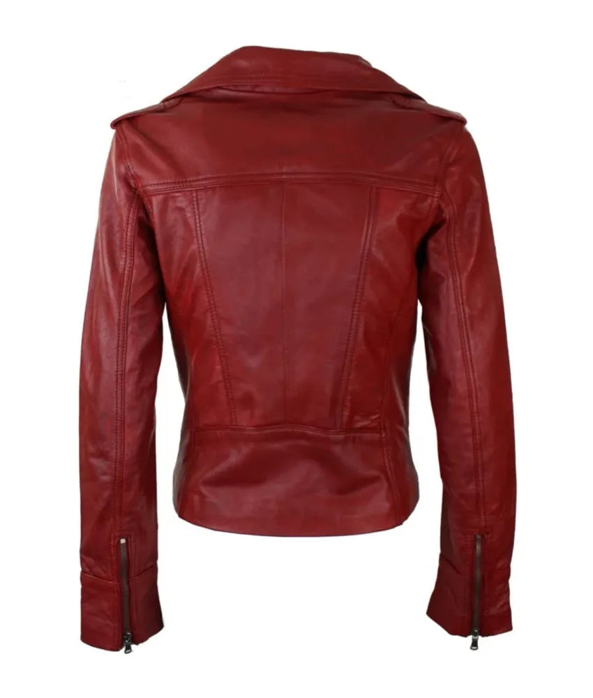 Women's Short Slim Fit Biker Leather Jacket - leather jacket red women