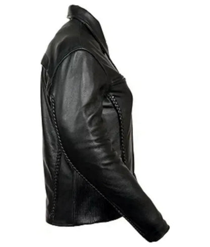 Women's Black Leather Jacket with Shirt Style Collar - leather motorcycle jacket