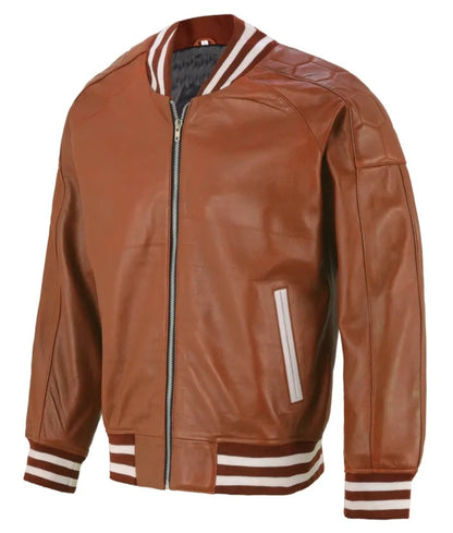 Brown leather bomber jacket - men's leather varsity jacket