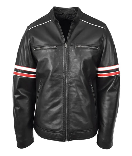 Men's Real Leather Biker Style Jacket - Black Cafe Racer Leather Jacket