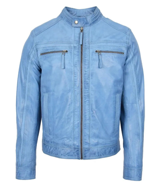 Sky Blue Jacket - Cafe racer leather jacket