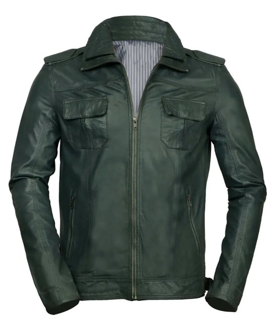 Double Collar Leather Jacket - Green Leather Jacket