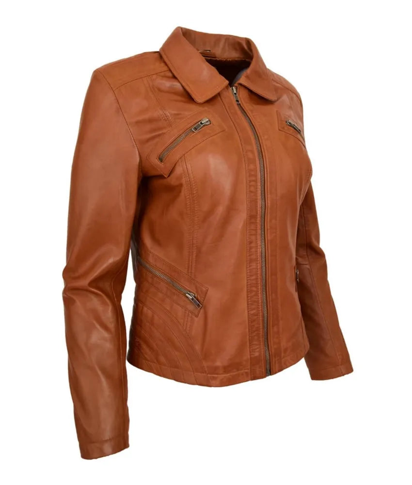 Women's Classic Leather Biker Zip Box Jacket Nova Tan