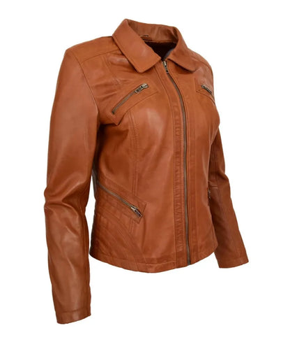 Women's Classic Leather Biker Zip Box Jacket Nova Tan