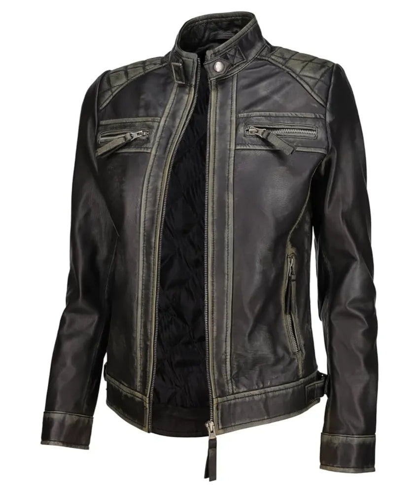 Cafe Racer Leather Jacket - Ladies black leather jacket