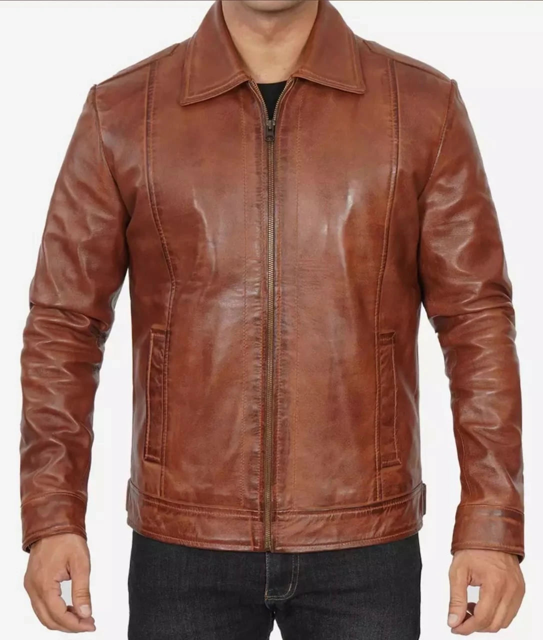 Elegant Jacket - Brown leather bomber jacket