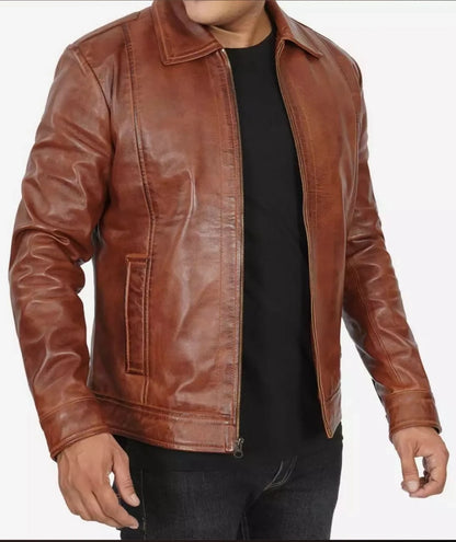 Elegant Jacket - Brown leather bomber jacket